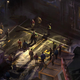 An ominous crowd gathers in the street in Disco Elysium.